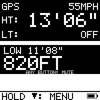 Alert screen: low clearance 11 feet 8 inches, 820 feet ahead